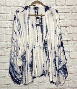 XL/1X/2X New Blue White Shibori Tie Dye Print Kimono Topper Top Cardigan - Picture 1 of 13