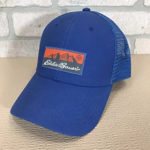 Eddie Bauer Trucker Hat Patch Mesh Back Snapback Ball Cap Mountains Logo Blue - Picture 1 of 11