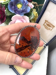 HUGE VINTAGE 925 SOLID STERLING SILVER HAND PAINTED CARNELIAN PENDANT NO CHAIN - Picture 1 of 16
