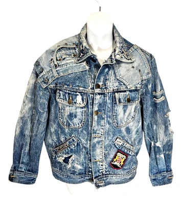 Chaqueta de Jean Med GEORGES MARCIANO para GUESS Distressed STUDDED PARCHES LAVADO ÁCIDO Foto 1 de 4