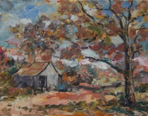 Art Original Oil Painting RM Mortensen Barn Trees Rural Nature 11 x 14 - Picture 1 of 1