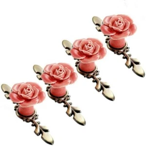 Ceramic Rose Flower Cabinet Pull Handles Knobs with Bronze Backplate 4 Pack - Picture 1 of 10