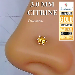Diwani 3.0mm Natural Citrine 14k Gold Nose Pin Lip Piercing Labret Stud Screw - Picture 1 of 15