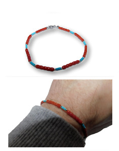 Bracelet Men of Coral and Turquoise RICON in 925 Sterling Silver with Gemstone