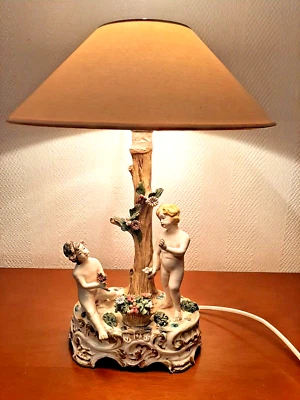 Bassano Keramik Tischlampe Putti Engel Duett Handgemacht 70er Italien Signiert  - Bild 1 von 4