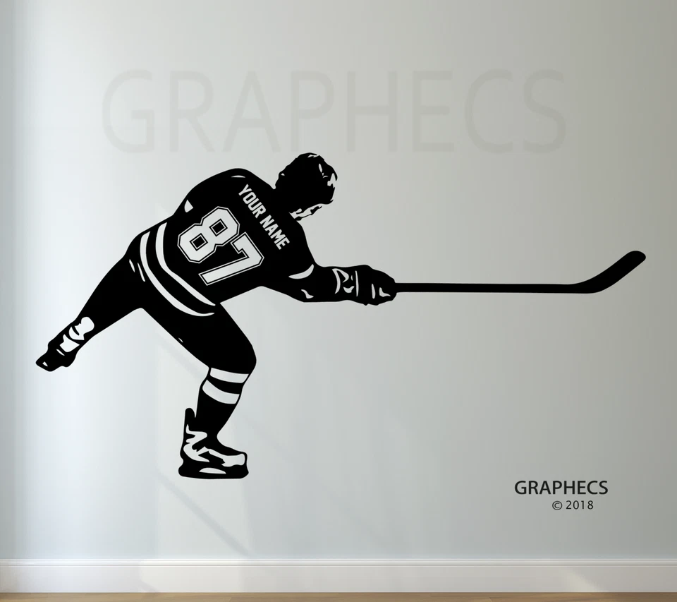 Calcomanía de pared de hockey personalizada NOMBRE Y NÚMEROS tiro vinilo pegatina decoración Foto 1 de 4