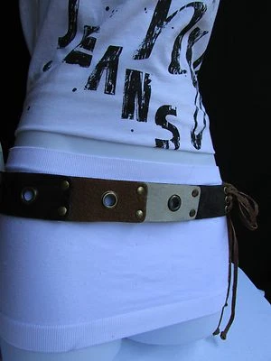 Women Wrap Around Ethnic Brown White Faux Leather Holes Waist Tie Belt Fit M L - Image 1 of 4