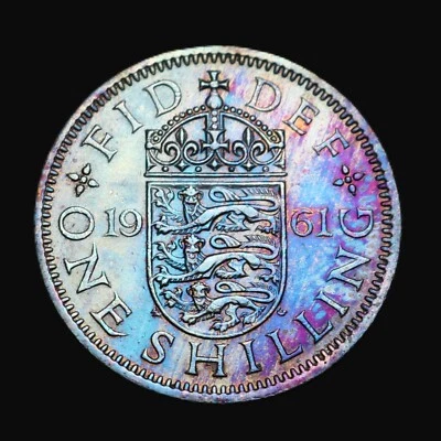 Reino Unido 1961 tonificado 1 chelín con tono arco iris KM# 904 Foto 1 de 2