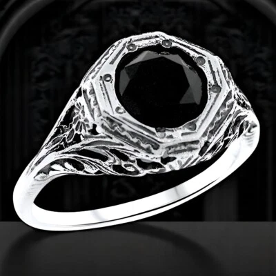 VINTAGE DESIGN BLACK AGATE 925 SOLID STERLING SILVER SOLITAIRE RING      #1200 - Image 1 of 4