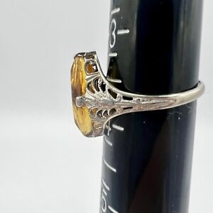 Antique Ring 10K White Gold Filigree Citrine Size 4 Oblong Art Deco