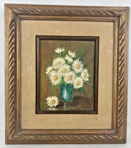 Margherite vintage anni '40/1950 pittura ad olio ossido in vaso, firmate Stan R. - Foto 1 di 9