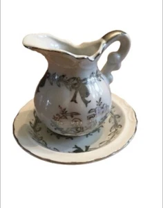 25th Anniversary Lefton China Creamer Set Pitcher & Bowl White Silver Japan - Picture 1 of 12