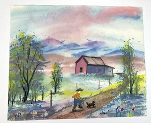 Vtg Watercolor Folk Art Painting Farmer With Dog 11x12” Post War Landscape - Picture 1 of 8