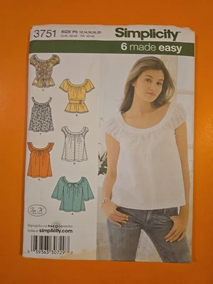 SIMPLICITY PATTERN 3751 MISSES' TOP WITH SLEEVE VARIATIONS & BELT / Size 12-20 - Image 1 of 3