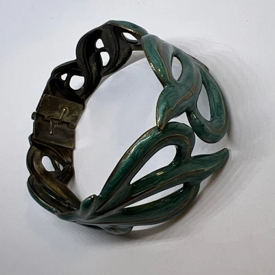 1.25" Wide Leaf Hinge Bracelet w Enamel Coating Brass Toned 8780 - Image 1 of 4