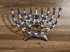 Menora Chanukka Neusilber & blau verzweigter Davidstern Chanukka - Bild 1 von 4