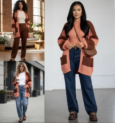 Cárdigan Suéter VELVET HEART Preppy Rayas Gran Tamaño Encogido de hombros S M L/XL Marrón Coral Foto 1 de 4