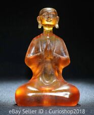 4.2" Old Chinese Ancient Buddhism Temple Amber Pray Monk Monks Sculpture