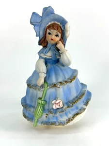 Vintage Sankyo Japan Music Box 7" Porcelain Girl in Blue Dress Umbrella Rotating - Picture 1 of 8