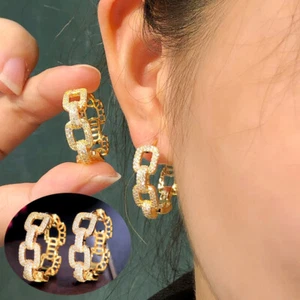 Pendiente de aro de compromiso con eslabones de cadena cubanos redondos geométricos de circonita cúbica para niña - Imagen 1 de 10