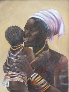 + Gemälde auf Karton, Mutterschaft Frau und Kind Afrikanerin + - Bild 1 von 9