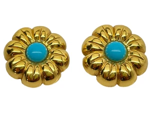 18ct Gold & Turquoise Flower Stud Earrings/ Earclips 9.22 gms - Picture 1 of 9
