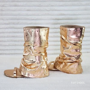 Fabulous Metallic Rose Gold Upper & Rhinestones Sandal Slouch Boots Shooties - Picture 1 of 8