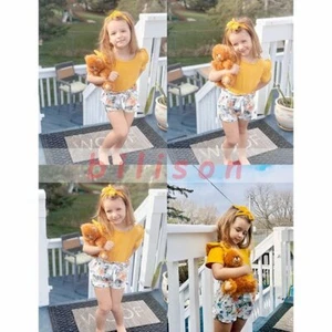 with Headband Buds Outfits Baby Girl Toddler Ruffle Short Sleeve Tops + Pant Set - Picture 1 of 7