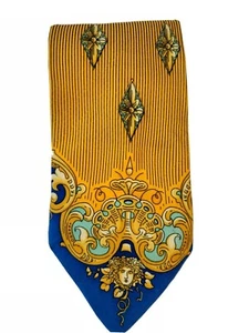 Gianni Versace Versus Medusa Men's Silk Necktie ITALY Luxury Floral Gold Blue - Picture 1 of 9