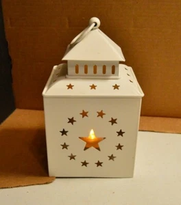 Square Metal Hanging Lantern White Candle Holder with Stars ~7-3/4" Tall - Picture 1 of 5