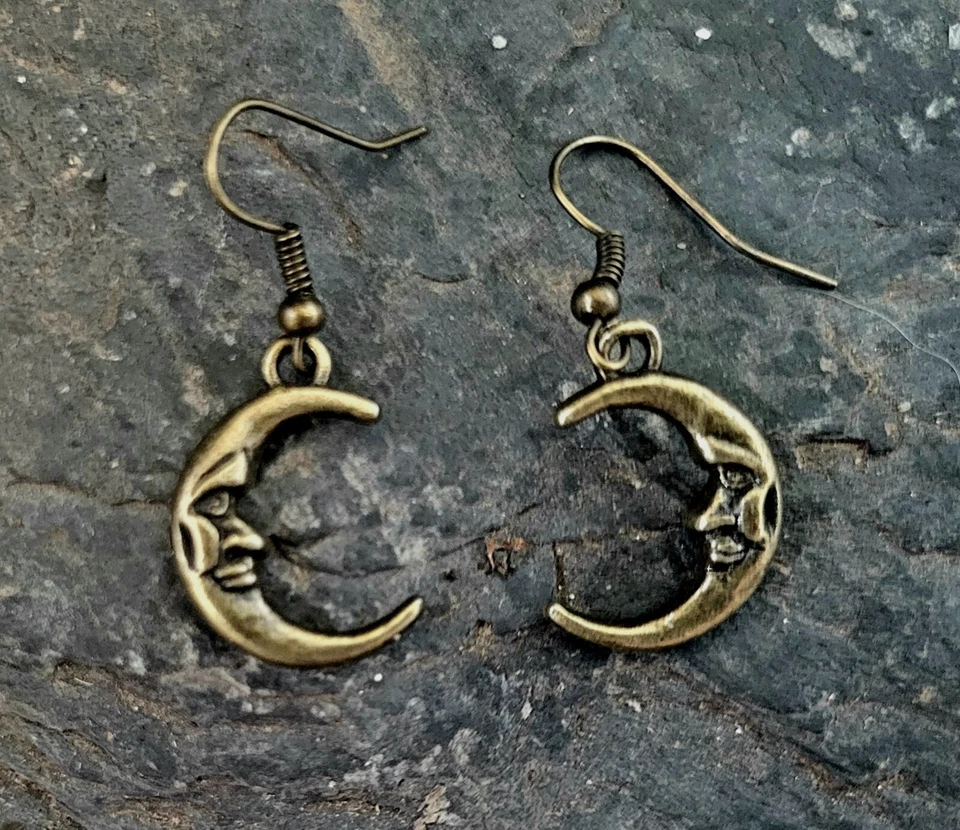 Moon Earrings, Bronze, Hypo Allergenic Hooks, Hippie Jewelry, Handmade! - Image 1 of 2