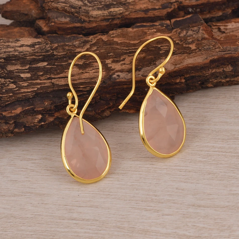Pendientes colgantes de cuarzo rosa enchapados en oro de 18 quilates de plata de ley 925 joyería Foto 1 de 4