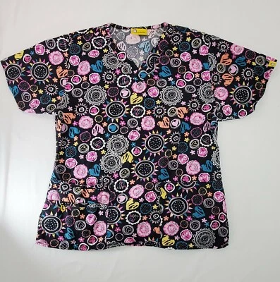 Wonder Wink Brand Scrub Top Black Party Hearts Flowers Design Cute Top - Image 1 of 4