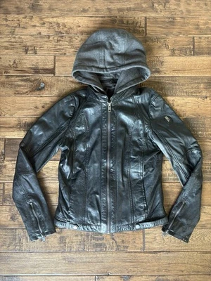 Chaqueta de cuero de cordero negro Mauricio con capucha extraíble talla 6 Moto Foto 1 de 4