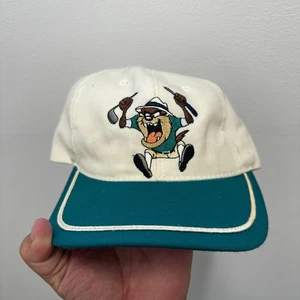 Taz Golf Hat Vintage Leather Strapback Hat White Teal Warner Bros 90s - Picture 1 of 6