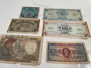 (6) Pcs France Italy Germany European Currency WWII Issue Banknotes Currency - Picture 1 of 9