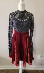 Free People Red Velvet And Black Beaded Lace Party Dress Size 6 Ginger - Picture 1 of 15