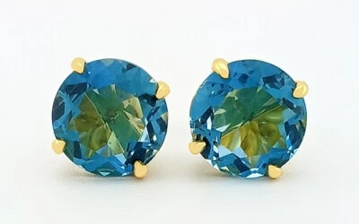 LAB CREATED 9.82 Cts BLUE ZIRCON STUD EARRINGS .925 SILVER (yellow tone) - NWT - Image 1 of 4