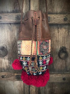 HILLTRIBE Recycled Leather Vintage textile Handmade Shoulder bag with Pom Poms - Picture 1 of 9