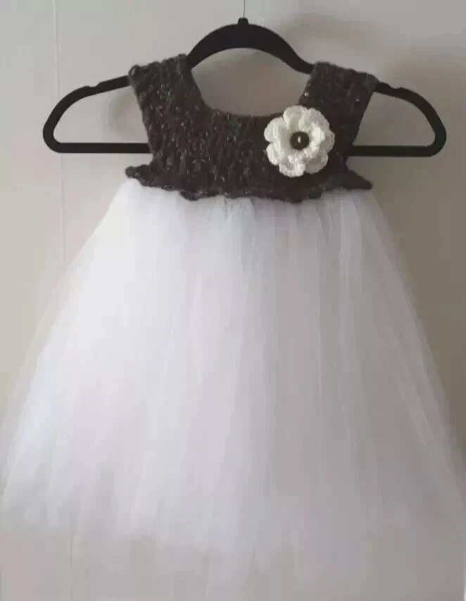Vestido tutu de festa feito à mão crochê bebê meninas 18-24 meses tule marrom branco - Imagem 1 de 2