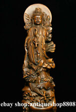 8" Old China Buddha Boxwood wood Avalokiteshvara Kwan-yin Goddess Dragon Statue