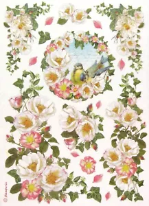 Papel de arroz para álbum de recortes decoupage hoja Stamperia A/4 pájaro y flores blancas - Imagen 1 de 1
