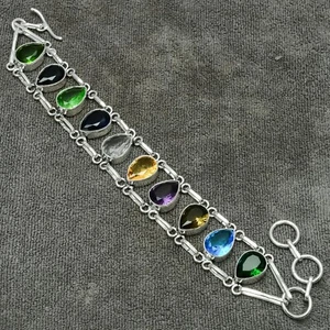 Multi Stone Gemstone 925 Sterling Silver Handmade Jewelry Bracelet 7-8" - Picture 1 of 8