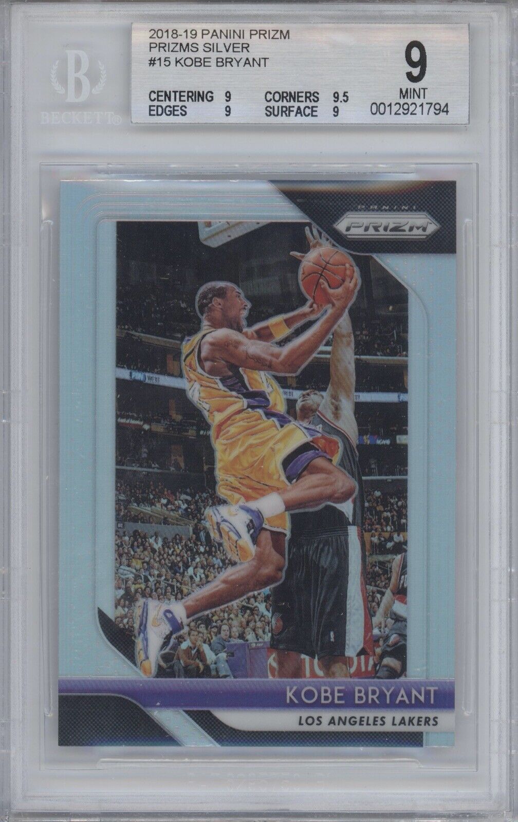 KOBE BRYANT BGS 9 2018-19 PANINI PRIZM BASKETBALL #15 SILVER LAKERS MINT 1794