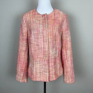 Talbots Tweed Blazer Jacket Womens 10 Pink Orange Zip Up Career Office Workwear - Picture 1 of 18