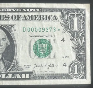 (LOW SERIAL NUMBER STAR NOTE!) $1 Rare Four Digit Fancy Serial Number D00009373* - Picture 1 of 4