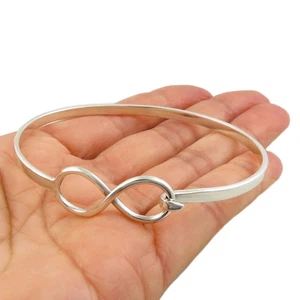 Infinity Solid 925 Sterling Silver Bracelet Hallmarked Front Hook Woman's Bangle - Picture 1 of 6