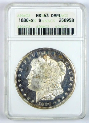 Dólar de plata Morgan 1880-S - ANACS MS 63 DMPL - Soporte para jabonera Foto 1 de 3