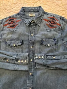Ralph Lauren Polo Denim Patchwork Aztec Sportsman Embroidered Western Shirt sz M - Picture 1 of 15