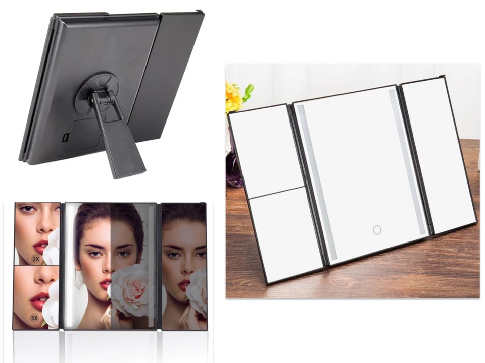 Trifold Make Up Mirror Light Bars 3x/2x/1x Kick Stand Touch Screen USB Charge - Image 1 of 4